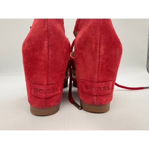 Sorel Joanie red suede wedge lace up sandals size 7 - Picture 3 of 8